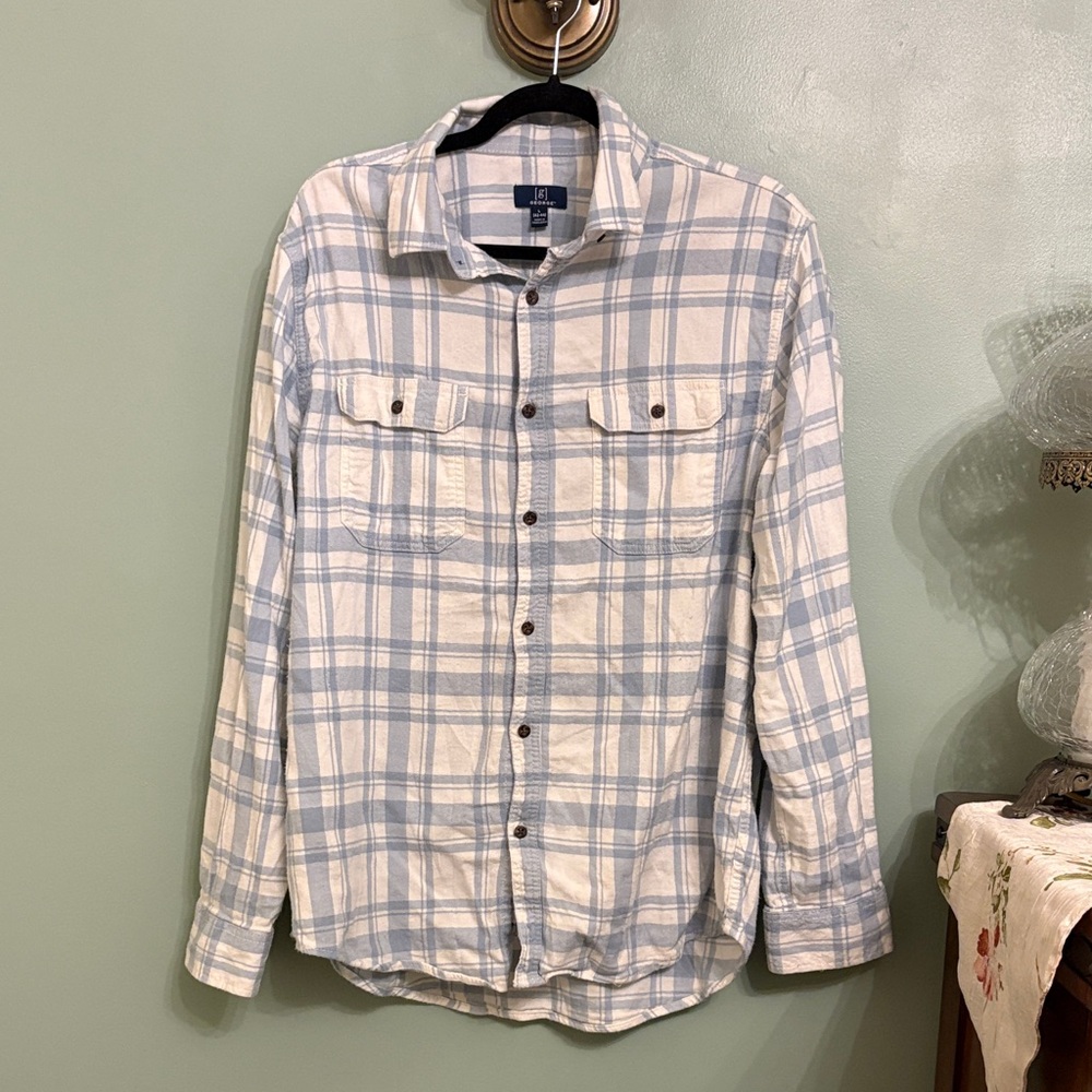 Men’s Plaid Flannel Shirt Large Blue White Casual Button Down Lightweight